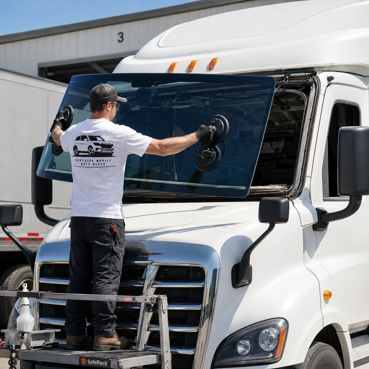Superior Mobile Auto Glass replacing a semi-truck windshield on location in Goodyear, AZ
